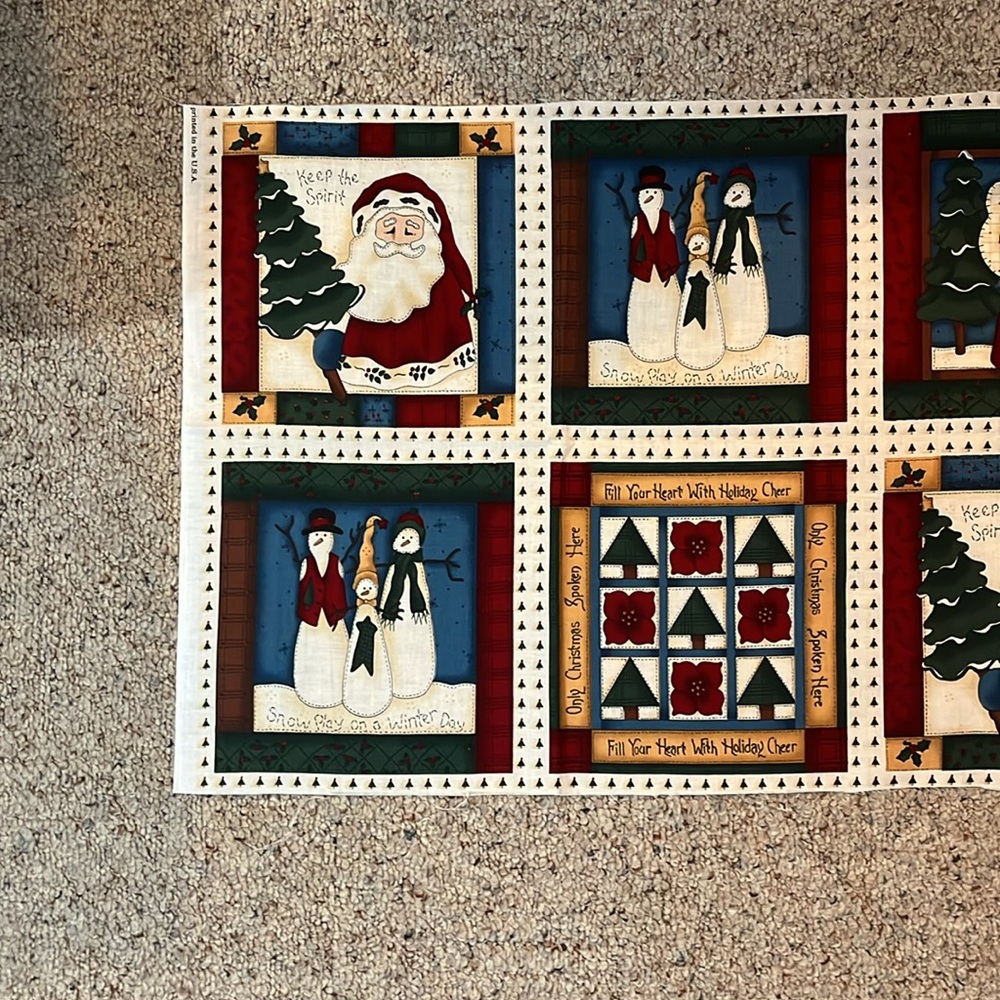 Festive Holiday Fabric Panel with Santa and Snowman Cotton Vintage Christmas - Picture 2 of 4